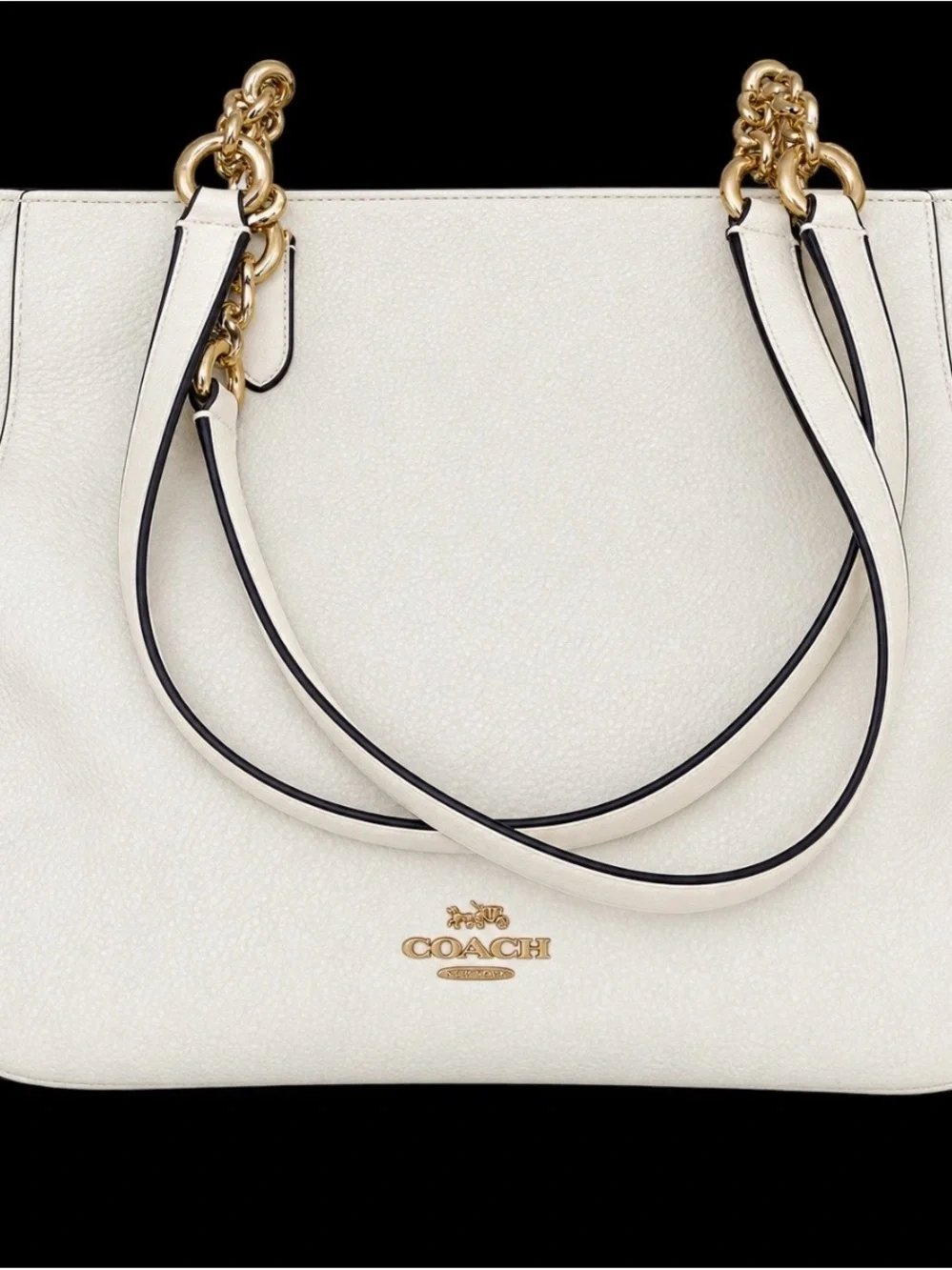 COACH  Elle Off White Pebbled Leather Tote with Gold Chain Straps